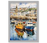 Wall Art Print Penzance Harbour Trawler Boats Promenade Watercolour Painting Cornwall Coastal Townscape Artwork Framed A4 Artery8 Grey A4