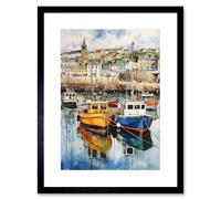 Wall Art Print Penzance Harbour Trawler Boats Promenade Watercolour Painting Cornwall Coastal Townscape Artwork Framed 9X7 Inch Artery8 Black W7 inch x H9 inch