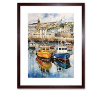 Wall Art Print Penzance Harbour Trawler Boats Promenade Watercolour Painting Cornwall Coastal Townscape Artwork Framed 9X7 Inch Artery8 Brown W7 inch x H9 inch