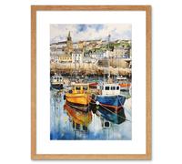 Wall Art Print Penzance Harbour Trawler Boats Promenade Watercolour Painting Cornwall Coastal Townscape Artwork Framed 9X7 Inch Artery8 Beige W7 inch x H9 inch