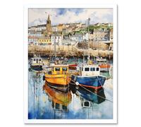 Wall Art Print Penzance Harbour Trawler Boats Promenade Watercolour Painting Cornwall Coastal Townscape Art Framed Artery8 White W12 inch x H16 inch