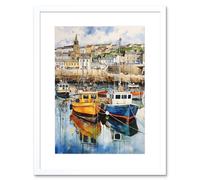 Wall Art Print Penzance Harbour Trawler Boats Promenade Watercolour Painting Cornwall Coastal Townscape Artwork Framed 9X7 Inch Artery8 White W7 inch x H9 inch