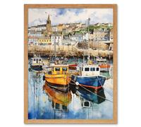 Wall Art Print Penzance Harbour Trawler Boats Promenade Watercolour Painting Cornwall Coastal Townscape Art Framed Artery8 Light Oak W12 inch x H16 inch