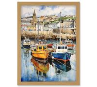 Wall Art Print Penzance Harbour Trawler Boats Promenade Watercolour Painting Cornwall Coastal Townscape Artwork Framed A4 Artery8 Light Oak A4