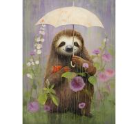 Wall Art Print Picking Flowers in the Rain Oil Painting Cute Sloth with an Umbrella in a Wildflower Meadow Kids Bedroom Poster Artery8 Multi W24 inch x H32 inch