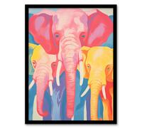 Wall Art Print Pink Elephant And Family Red Yellow Blue Soft Pastel Screen Art Framed Artery8 Black W12 inch x H16 inch