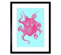 Wall Art Print Pink Octopus Vintage Art Framed 9x7 inch Artery8 Black W7 inch x H9 inch