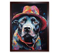 Wall Art Print Pit Bull Terrier Dog Red Cowboy Hat Portrait Art Framed Artery8 Brown W12 inch x H16 inch