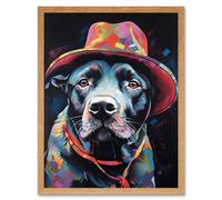 Wall Art Print Pit Bull Terrier Dog Red Cowboy Hat Portrait Art Framed Artery8 Light Oak W12 inch x H16 inch