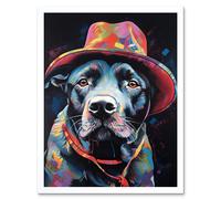Wall Art Print Pit Bull Terrier Dog Red Cowboy Hat Portrait Art Framed Artery8 White W12 inch x H16 inch