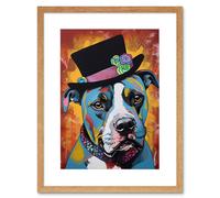 Wall Art Print Pit Bull Wearing Flower Top Hat Modern Pop Artwork Framed 9X7 Inch Artery8 Beige W7 inch x H9 inch