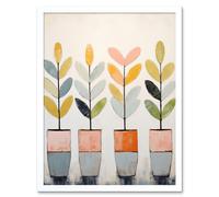 Wall Art Print Plant Pots Simple Pastel Colour Oil Painting Bright Pink Green Blue Boho Artwork Art Framed Artery8 White W12 inch x H16 inch