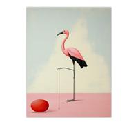 Wall Art Print Playful Flamingo Pastel Colour Pink Blue Surreal Oil Painting Poster Wee Blue Coo Pink W24 inch x H32 inch