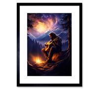 Wall Art Print Playing Guitar By A Campfire Oil Painting Purple Orange Storm Brewing in Mountain Forest Landscape Artwork Framed 9X7 Inch Artery8 Black W7 inch x H9 inch