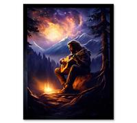 Wall Art Print Playing Guitar By A Campfire Oil Painting Purple Orange Storm Brewing in Mountain Forest Landscape Art Framed Artery8 Black W12 inch x H16 inch