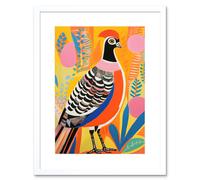 Wall Art Print Pleasant Pheasant Bright Bold Vibrant Colourful Grassland Acrylic Painting Artwork Orange Pink Blue Folk Artwork Framed 9X7 Inch Artery8 White W7 inch x H9 inch