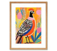 Wall Art Print Pleasant Pheasant Bright Bold Vibrant Colourful Grassland Acrylic Painting Artwork Orange Pink Blue Folk Artwork Framed 9X7 Inch Artery8 Beige W7 inch x H9 inch