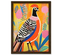 Wall Art Print Pleasant Pheasant Bright Bold Vibrant Colourful Grassland Acrylic Painting Artwork Orange Pink Blue Folk Artwork Framed A4 Artery8 Brown A4