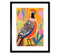 Wall Art Print Pleasant Pheasant Bright Bold Vibrant Colourful Grassland Acrylic Painting Artwork Orange Pink Blue Folk Artwork Framed 9X7 Inch Artery8 Black W7 inch x H9 inch