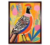 Wall Art Print Pleasant Pheasant Bright Bold Vibrant Colourful Grassland Acrylic Painting Artwork Orange Pink Blue Folk Art Framed Artery8 Brown W12 inch x H16 inch