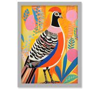 Wall Art Print Pleasant Pheasant Bright Bold Vibrant Colourful Grassland Acrylic Painting Artwork Orange Pink Blue Folk Artwork Framed A4 Artery8 Grey A4