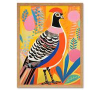 Wall Art Print Pleasant Pheasant Bright Bold Vibrant Colourful Grassland Acrylic Painting Artwork Orange Pink Blue Folk Art Framed Artery8 Light Oak W12 inch x H16 inch