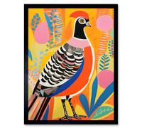 Wall Art Print Pleasant Pheasant Bright Bold Vibrant Colourful Grassland Acrylic Painting Artwork Orange Pink Blue Folk Art Framed Artery8 Black W12 inch x H16 inch