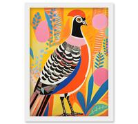 Wall Art Print Pleasant Pheasant Bright Bold Vibrant Colourful Grassland Acrylic Painting Artwork Orange Pink Blue Folk Artwork Framed A4 Artery8 White A4