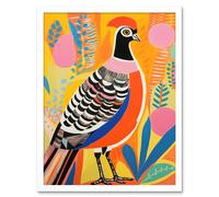 Wall Art Print Pleasant Pheasant Bright Bold Vibrant Colourful Grassland Acrylic Painting Artwork Orange Pink Blue Folk Art Framed Artery8 White W12 inch x H16 inch