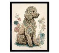 Wall Art Print Poodle Dog with Flower Fur Coat Modern Boho Watercolour Art Framed Artery8 Black W12 inch x H16 inch