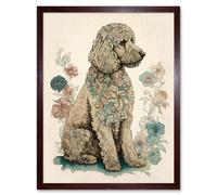 Wall Art Print Poodle Dog with Flower Fur Coat Modern Boho Watercolour Art Framed Artery8 Brown W12 inch x H16 inch