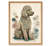 Wall Art Print Poodle Dog with Flower Fur Coat Modern Boho Watercolour Art Framed Artery8 Light Oak W12 inch x H16 inch