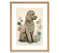 Wall Art Print Poodle Dog with Flower Fur Coat Modern Boho Watercolour Artwork Framed 9X7 Inch Artery8 Beige W7 inch x H9 inch