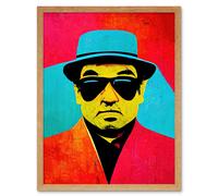 Wall Art Print Pop Art Bright Jazz Musician Pork Pie Hat Sunglasses Red Turquoise Yellow Art Framed Artery8 Light Oak W12 inch x H16 inch