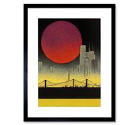 Wall Art Print Pop Art Red Sunset Sun Over Manhattan Bridge Skyline Black Yellow Grey Artwork Framed 9X7 Inch Artery8 Black W7 inch x H9 inch