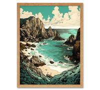 Wall Art Print Porthcurno Granite Cliff Beach Coastal Landscape Art Framed Artery8 Light Oak W12 inch x H16 inch