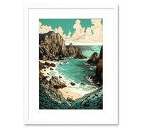 Wall Art Print Porthcurno Granite Cliff Beach Coastal Landscape Artwork Framed 9X7 Inch Artery8 White W7 inch x H9 inch