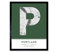 Wall Art Print Portland Oregon United States City Map Modern Typography Stylish Letter Framed Word Wee Blue Coo Green W12 inch x H16 inch