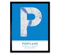 Wall Art Print Portland Oregon United States City Map Modern Typography Stylish Letter Framed Word Wee Blue Coo Blue W12 inch x H16 inch
