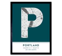 Wall Art Print Portland Oregon United States City Map Modern Typography Stylish Letter Framed Word Wee Blue Coo Teal W12 inch x H16 inch