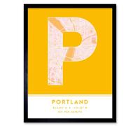 Wall Art Print Portland Oregon United States City Map Modern Typography Stylish Letter Framed Word Wee Blue Coo Yellow W12 inch x H16 inch