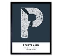 Wall Art Print Portland Oregon United States City Map Modern Typography Stylish Letter Framed Word Wee Blue Coo Navy W12 inch x H16 inch