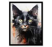 Wall Art Print Portrait of a Black Kitten Drip Paint Oil Painting Orange Grey Cream Cat Lover Artwork Framed Artery8 Black W12 inch x H16 inch