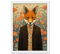 Wall Art Print Portrait of Dressed Fox in Suit and Shirt Floral Background Orange Brown Autumn Tones Artwork Framed A4 Artery8 White A4