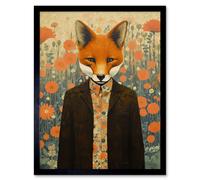 Wall Art Print Portrait of Dressed Fox in Suit and Shirt Floral Background Orange Brown Autumn Tones Art Framed Artery8 Black W12 inch x H16 inch