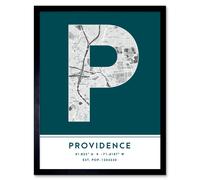 Wall Art Print Providence Rhode Island United States City Map Modern Typography Stylish Letter Framed Word Wee Blue Coo Teal W12 inch x H16 inch