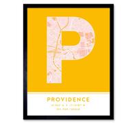 Wall Art Print Providence Rhode Island United States City Map Modern Typography Stylish Letter Framed Word Wee Blue Coo Yellow W12 inch x H16 inch