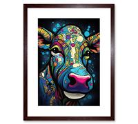 Wall Art Print Psychedelic Pattern Cow Acrylic Painting Colourful Folk Portrait Modern Pop Artwork Framed 9X7 Inch Artery8 Brown W7 inch x H9 inch