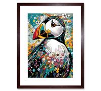 Wall Art Print Puffin Bird Acrylic Painting Floral Psychedelic Aquatic Bird Colourful Flowers Artwork Framed 9X7 Inch Artery8 Brown W7 inch x H9 inch
