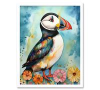 Wall Art Print Puffin Bird With Flowers Folk Art Framed Artery8 White W12 inch x H16 inch